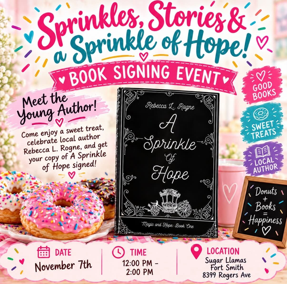 Sprinkles, Stories & a Sprinkle of Hope book signing flyer, featuring the book and colorful sweet treats